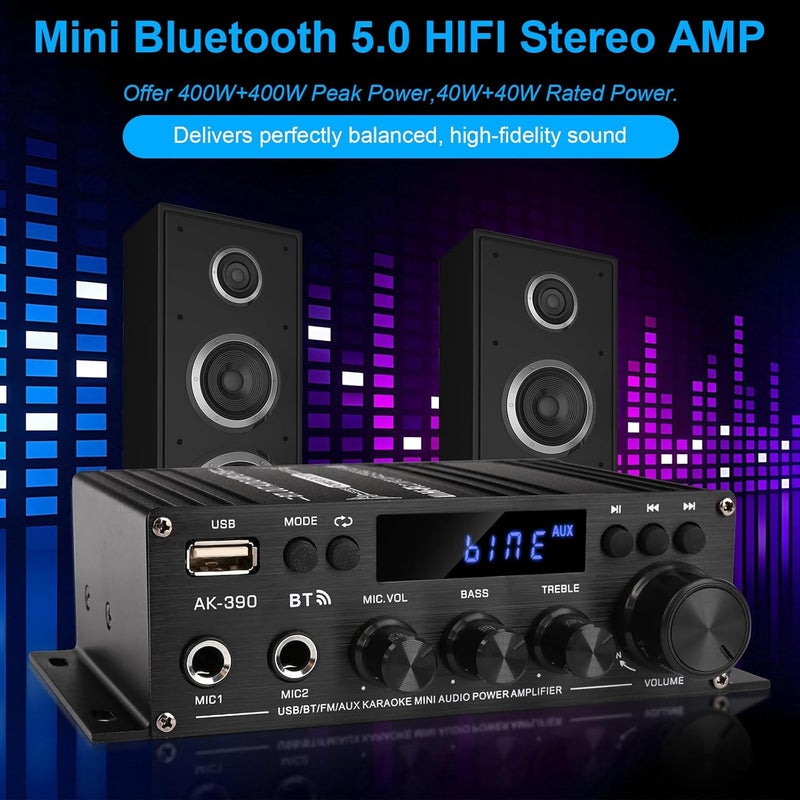 Romicta Stereo Audio Amplifier, 2.0 CH Mini HiFi Stereo AMP Bluetooth 5.0 Amp Receiver with 400W+400W, FM, AUX, USB, Microphone Input, 12V 5A Power Supply, Power Amplifier for Car Home Bar Party - Image 4